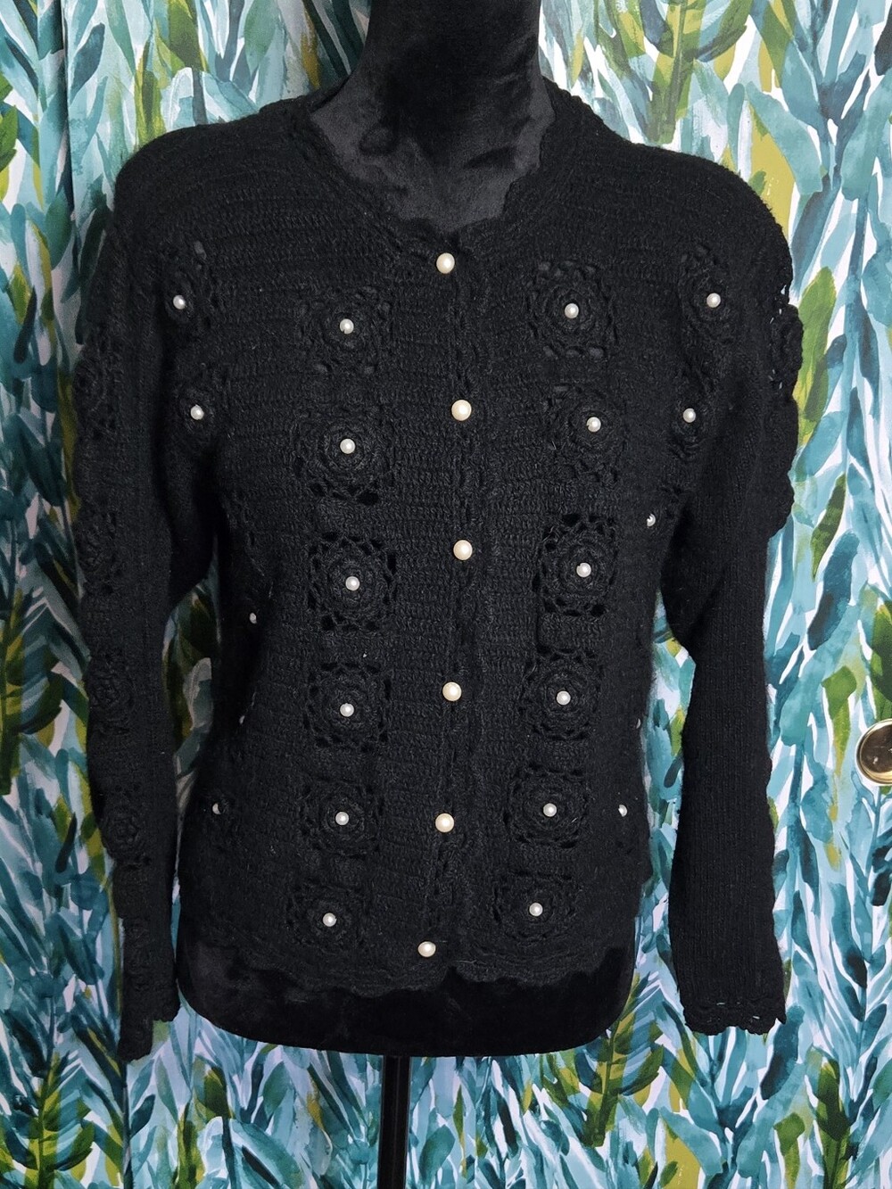 Vintage Gantos Silk & Angora Blend Black Crochet Pearl-Button Cardigan